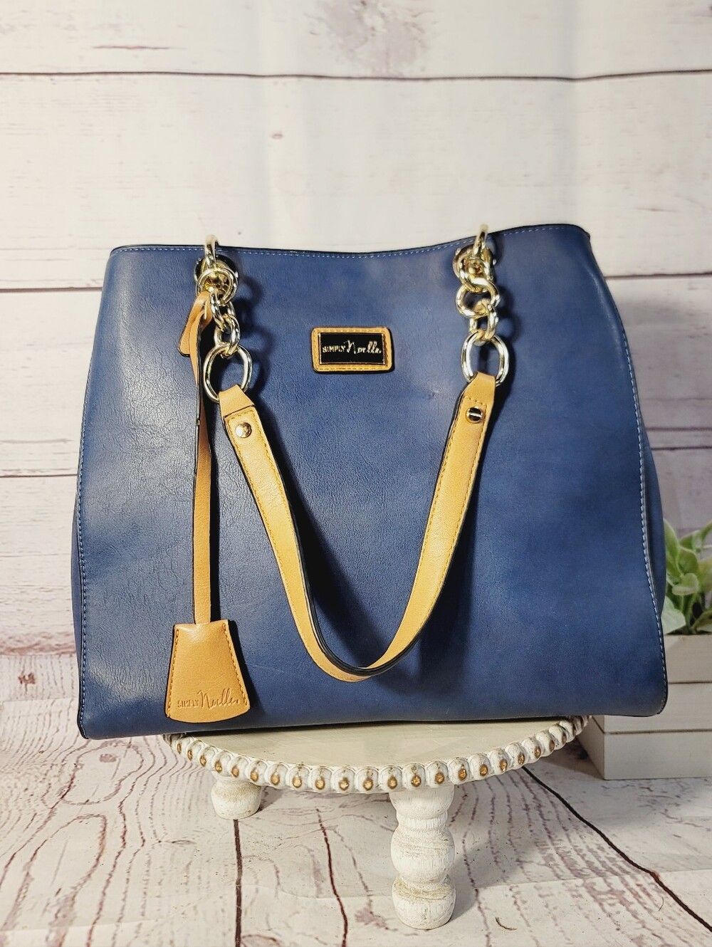 Simply Noelle Blue & Tan Colorblock Top Handle Tote/Crossbody Bag